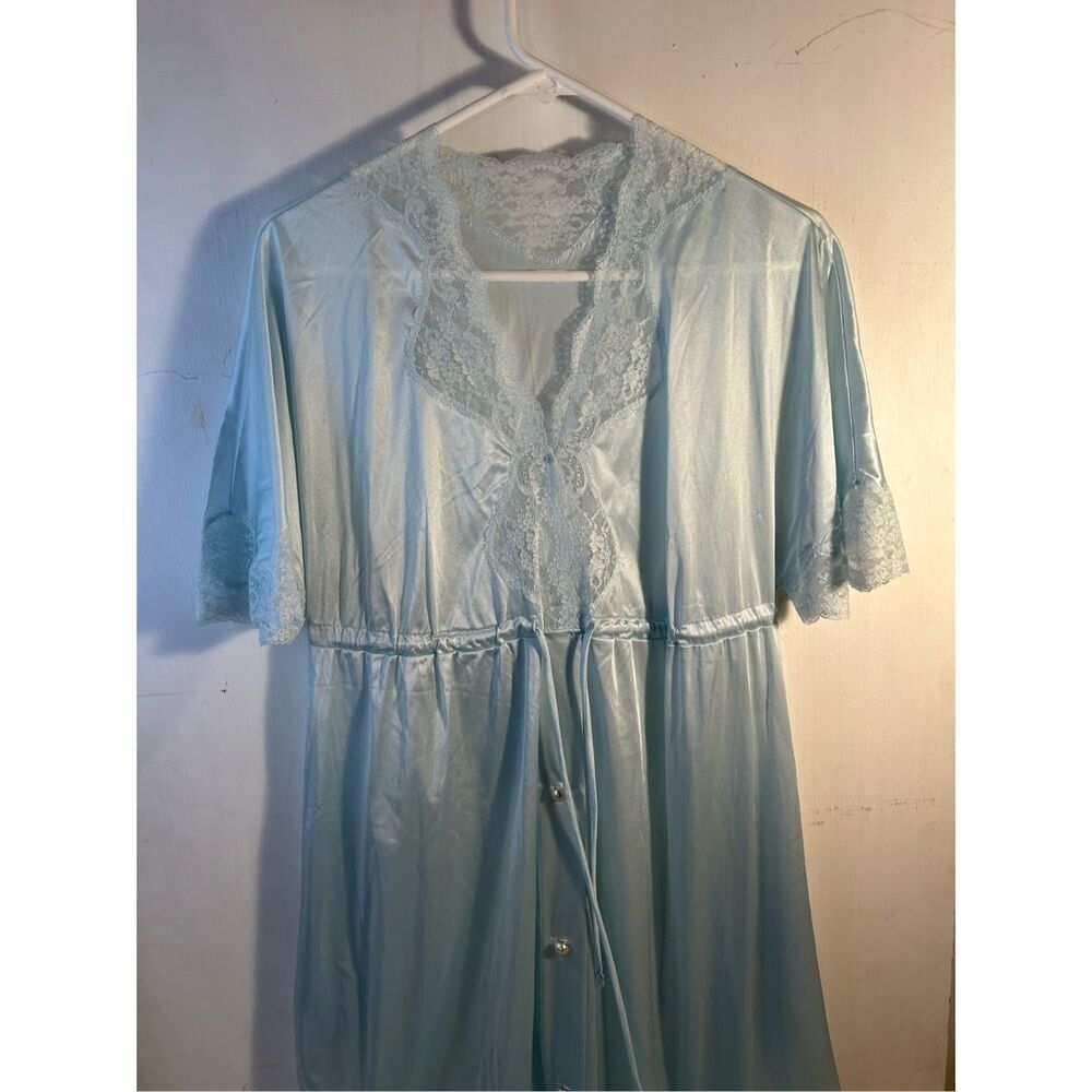 Shadowline small s blue gown pearl buttons lace trim maxi gown‎ wide sleeves
